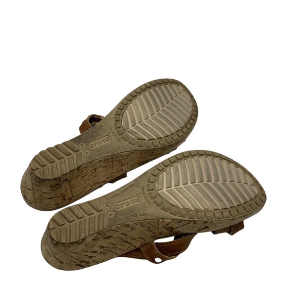 Crocs Sandals A-Leigh Slip On Wedge Slide Brown Leather Open Toe Women Size 8 - Picture 5 of 7